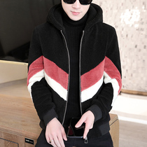 Autumn and winter lamb cashmere jacket mens short Korean version slim students handsome fur coat with thick hooded fur