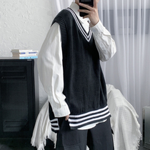 Striped V-neck knitted vest men autumn and winter college style loose sweater dk uniform youth jacket