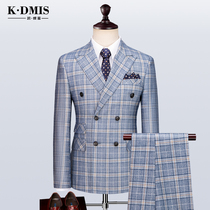 Blue plaid double-breasted suit suit suit mens suit Korean version of handsome self-cultivation British style casual wedding groom