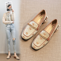 MAROLIO ins niche design temperament~Pearl single shoes womens head star embroidery thick heel loafers