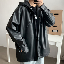 Autumn motorcycle leather jacket mens Korean version of the trend mid-length handsome hooded leather windbreaker jacket mens trend brand loose