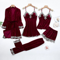 Golden velvet pajamas womens spring and autumn five-piece set 2021 new sexy with chest pad home wear autumn and winter models