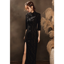 Black cheongsam long lace autumn 2021 new long sleeve Chinese style modified version young girl thin
