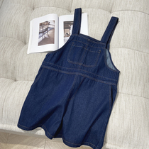 Summer age-reducing denim strap shorts womens Korean version loose wide legs thin short fashion fashion denim jumpsuit trend