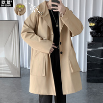 Double-breasted medium-long windbreaker mens coat fat plus size trend loose spring and autumn Korean version wild autumn coat