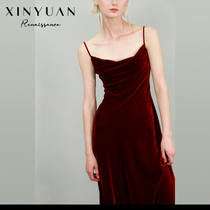  XINYUAN killer skirt oblique cut swing collar high-end suspender skirt temperament retro red silk velvet dress