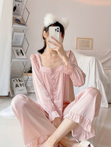 French ice silk pajamas Womens Spring and Autumn long sleeves square collar court style princess home clothes real silk two-piece set tide