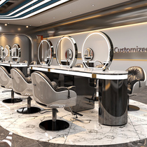  Net celebrity barber shop mirror table Hair mirror tide shop hot dyeing table Hair salon special hair cutting mirror with lamp Marble mirror table
