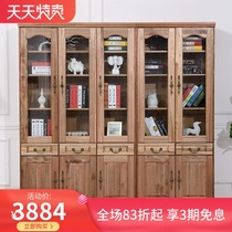 Tan Silk Wood all solid wood bookcase American two or three door combination children bookcase with glass door wood wax oil without paint bookcase