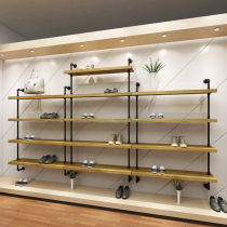 Retro shoe shop shoe rack display rack upper wall solid wood multi-layer shoe shelf iron mens and womens clothing shop shoe rack upper wall