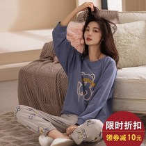 Round neck print ~ skin-friendly comfort ~ cotton pajamas womens spring and autumn loose size can be worn outside home clothes two-piece set