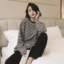 Fashion Stripe Series ~ wearing also eye-absorbing pajamas women spring and autumn cotton long sleeve loose can wear suit