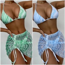 2021 European and American foreign trade ladies split swimsuit wavy sexy draw pleated three-piece bikini spice girl Bikini