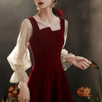 Toast service bride winter wine red velvet long sleeve engagement dress wedding return Thank you banquet dress