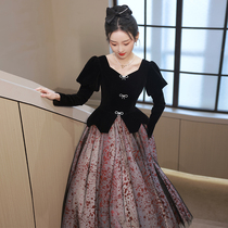 Black evening dress female 2023 new high - end princess examination host annual dress long sleeve senior sense