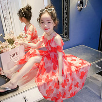 Girls Chiffon dress summer 2021 new fairy children foreign style summer princess dress red suspender skirt