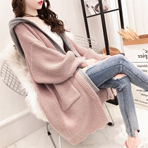 2022 Early spring new big code Women in fat mm Leisure medium long section thickened Lazy Wind Even Cap Cardiovert Sweater Jacket