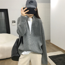 Gray Knitted Cardigan Womens 2022 Spring New Vintage Outfits Lazy Wind Loose Zipper Sweater Jacket