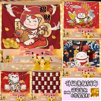 Chinese New Year photo background cloth living room TV background Wall Wall cloth lucky cat red festive decorations Tiger year hanging painting