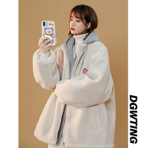 Sweet cool fake two pieces of lamb hair thick coat women plus velvet autumn and winter design sense niche Korean chic cotton-padded clothes