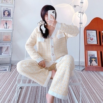Pure and pure small fragrant Wind ~ soft glutinous pajamas ladies winter thousand bird grid sweet cardigan soft home clothes