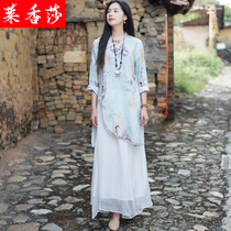  Spring and summer Chinese style Zen suit Womens cotton and linen Zen tea suit Retro Hanfu modified cheongsam top Chinese Tang suit suit
