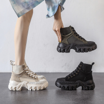 European station thick-soled high-top shoes women autumn 2021 New Wild casual cake shoes leather sports splicing canvas shoes