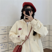 Milk yellow zipper cardigan hoodie women tide ins spring and autumn thin loose Japanese ancient vintage coat