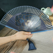 Chinese style ancient style Peony flower blue silk small fan Japanese folding fan High-end gift fan Ancient gift