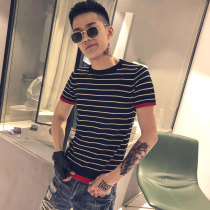  Summer mens short-sleeved t-shirt Korean round neck sweater trend striped half-sleeved T-shirt trend brand mens top clothes