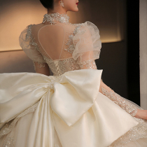 Main wedding dress female 2021 new bride Net red senior long sleeve Gaoding court wind heavy industry satin big tail winter