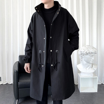 Mens windbreaker long lapel size Black Spring and Autumn Korean casual coat mens long knee autumn coat