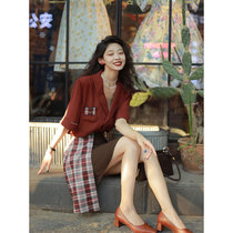 2021 new summer womens Hong Kong style retro chic suit British style high-end temperament red dress