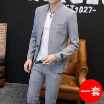 Spring and summer casual suit suit mens Korean version striped collarless suit two-piece youth handsome slim jacket tide