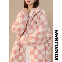 Checkerboard lamb coat female design sense niche padded pink cotton jacket winter Korean loose cotton coat students