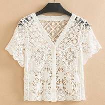 Knitted short-sleeved cardigan womens summer thin openwork outer sunscreen top Jacket thin with sundress small shawl