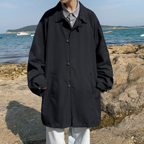 Medium-length windbreaker mens autumn tooling jacket tide brand loose handsome coat Korean version fat plus size American street