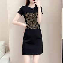 Hong Kong boomer big code female summer new small sub-display slim casual straight drum dress Fat younger sister Inlaid Drill loose one-piece dress