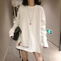 South Korea 2021 Autumn Winter New White Bear Long Sleeve T-shirt Women Loose Interior Long Plus Velvet base shirt Plus Size