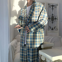Suit suit men spring and autumn fat big size loose Japanese college style plaid suit fashion casual two-piece set