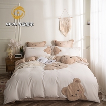 NPVU bear cute cartoon long staple cotton four-piece bedding cotton quilt cover cotton Princess female children