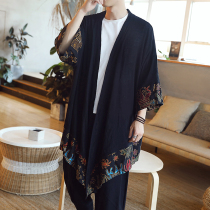 Summer thin cotton jattery mens mid-length sunscreen clothes loose retro Chinese style large size cardigan Hanfu tide