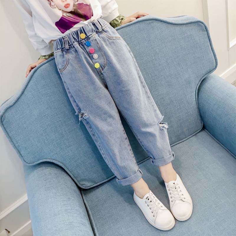 Girls jeans spring Korean version 2021 new casual spring and autumn style loose-air childrens wear hole-breaking tide