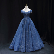 Sashimi Blue I Shoulder Evening Dress Scalding Gold Bridal Bar Mitzvot for the Annual Meeting of the Vocal Arts Exam for the presentation of the dress