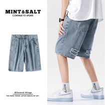 Mens denim shorts Straight loose Korean version of the trend of summer holes thin pants trend brand five-point pants 5-point pants