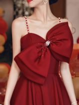 Toast to the bride 2022 Summer new harness Wine Red Evening Dress Code Style Engagement Wedding Long Skirt Bow Tie