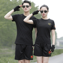 Short sleeve physical training suit suit mens summer black round neck embroidery military fan tactical T-shirt quick dry lettering