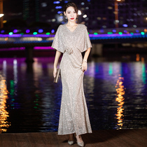High-end banquet evening dress dress women 2021 New temperament light luxury senior sense champagne gold sequins annual meeting host