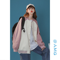 Baseball uniform womens spring and autumn thin section color matching vintage jacket chic Korean style salt fried street sweet cool bear top