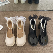 Mary Rare Shoes Woman 2022 Spring Summer New Pearl Matching Dress Butterfly Knot Coarse Heel High Heel Fairy Wind Small Leather Shoes